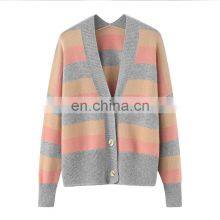 New Arrival Women's Thick V Neck Cashmere Sweater Cardigan Casual Striped Design Button Decoration Autumn-OEM Service Available thumbnail-6