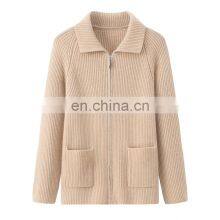 Customized Women's Knitted Full Zip Cashmere Cardigan Sweater Turn Down Collar Solid Casual Style Winter Apparel With Pockets thumbnail-4