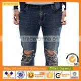Men Custom Apparel Skinny Cropped Jeans Ripped Denim Pants With Extreme Rips In Blue Wash thumbnail-4