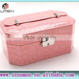 protable pink leather jewelry storage/package box layered box with handle/buckle