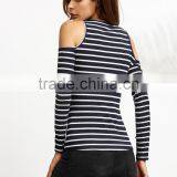 APPAREL Navy Striped Open Shoulder Ribbed T-shirt thumbnail-2