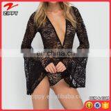 Black Deep V Neckline Wholesale Lady Lace Sexy Bodysuit