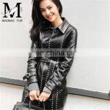 Fashion Classical Lady Windbreaker 100% Leather Jacket Semiformal Wear Ladies Long Leather Jacket thumbnail-5