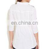 Adult Women's Fashion Lace Work at Shoulder Collar Neck Front Button Style High Quality Semi Sexy Sheer Sleeve Tops Lady Blouse thumbnail-3