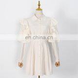 TWOTWINSTYLE Casual Patchwork Ruffle Women Shirt Dress Lapel Puff Sleeve High Waist Solid Elegant thumbnail-6