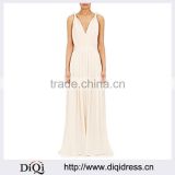 Wholesale Ladies Apparel V-neck Light pink Pleated Washed Silk Georgette Maxi Dress(DQM021D)