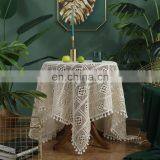 White Blend Fabric Handmade Crochet Hollow Square Table Cover Tablecloth With Tassel thumbnail-2