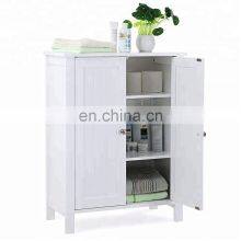 White Bathroom Floor Storage Cabinet With Double Door Adjustable Shelf thumbnail-4