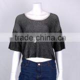 Export Womens' Boat Neck Drop Shoulder 1/2 Sleeve Pullover Knitted Sweater With Jacquard thumbnail-1