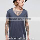 Men Fashion Street Wear Hip Hop Design Super Longline Raw V-neck T-shirt OEM Custom thumbnail-1