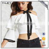 Flare Sleeve High Waist Crop Top off Shoulder Self-tie Front Tops thumbnail-1