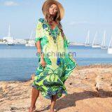 2019 New Bohemian Printed V-Neck Half Sleeve Summer Beach Dress Green Cotton Tunic Women Beachwear Midi Dress Robe de Plage