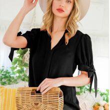 V-NECK TIE SLEEVES SOLID BLOUSE TEXTURED WOVEN thumbnail-3