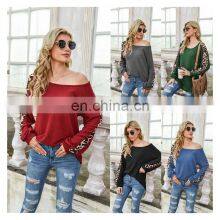 Custom Logo Spring and Autumn Women's Amazon Autumn and Winter New Long-sleeved Waffle Leopard Print Stitching T-shirt thumbnail-1