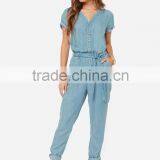 Women Sky Blue Belted Short Sleeve Slim Fit Jumpsuit Romper thumbnail-5