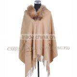 CX-B-P-44F Ladies Latest Design Genuine Raccoon Fur Collar Wool Cashmere Fringed Pashmina Shawl thumbnail-1