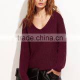 Custom V Neck Cold Shoulder Burgundy Sweater Cotton Polyester Blends Drop Shoulder Sweatshirt thumbnail-2