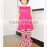 Wholesale Cotton Baby Clothes Kids Soild Color Dress And Ruffle Stripe Pants Children's Boutique Set thumbnail-2