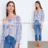 Fringed Drawstring Elastic Neckline Sheer Georgette Peasant Blouse thumbnail-6