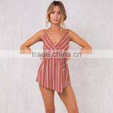 Simple Linen Cotton Clothing Models for Women Fashion Striped Playsuit thumbnail-5