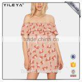 off Shoulder Floral Cute Women Summer Dress With Ruffles thumbnail-1