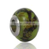 Lampwork Glass European Style Large Hole Beads Round Grass Green & Black Pattern With 304 Stainless Steel Silver Tone Core thumbnail-1