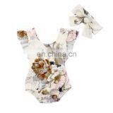 2019 Summer New Arrivals Baby Girl Floral Print Rompers Kids Soft Cotton Bodysuits With Headband 2pc Set thumbnail-2