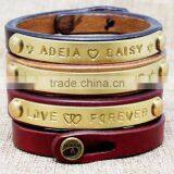 Metal Logo Tag Leather Bracelet Bangle Custom Letter Stamped Charm Leather Bangle Bracelet Promotion Leather Bracelet thumbnail-1