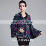 5 Colors New Short Knit Luxury Natural Rabbit Fur Trim Shawl Capes Mixed Color Coat Overcoat for Women Cashmere Pashmina Wraps thumbnail-5