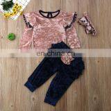 RTS Crushed Velvet Girls Ruffle Sets Little Girl Fall Clothing For Kids thumbnail-1