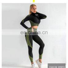 Wholesale Women 3 Pieces Crop Top Leggings and Sports Bra Workout Clothes 3 Pieces Seamless Yoga Belt Zipper Suit thumbnail-2