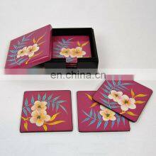 Asian Artisans Pink Palm Leaf Wooden Lacquer Coaster Set Custom Design Drink Cup Coaster Set For Table Decor Wholesale thumbnail-1