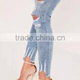 Fashion Women Blue High Waisted Brushed Ripped Skinny Denim Jeans With Hole thumbnail-4
