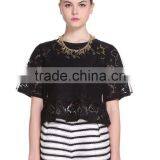 2016 Ladies Black Lace Loose Style Short Sleeve O-neck Shirt/blouse thumbnail-1