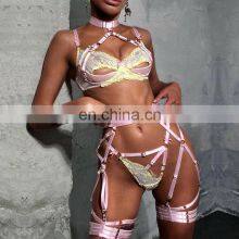 3pcs Hollow Out Pink Bandage Erotic Bra Panties Set Pink Color With Neck Ring 2022 Lingerie thumbnail-2