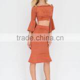 Ladies Designer Skirt Suits off Shoulder Flared Sleeve Crop Top and Tight Fishtail Skirt thumbnail-3