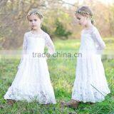 2017 Girl Lace Long Dress For Princess Wedding Party White/Cream Big Bow Long Sleeved Dress thumbnail-4