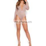 Mika72304 2017Womens V Neck Plunge Stretch Plain Long Sleeve Leotard Top Ladies Bodysuit in Pink thumbnail-4