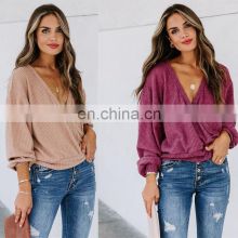 Wholesale custom women's tops with long sleeves Casual and comfortable new fashion Autumn and winter V neckline