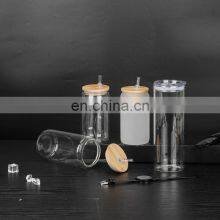 Amazon Top Seller Blank Sublimation Beer Can Glass With Bamboo Lid 12Oz 16Oz 25Oz Custom Clear Matte Glass Tumbler With Straw thumbnail-2