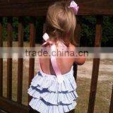 2015 Hot Sale Gingham Seersucker Ruffle Shirt for USA Children Blouses thumbnail-3
