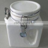 Plain White Ceramic Square Shape Storage Jar With Handle and Spoon thumbnail-1