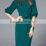 Green Tie Waist Pockets Sheath Dress Polyester Spandex Short Half Sleeve Casual Plain Lady Dress thumbnail-2