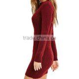 Elegent Slim Fit Wine Red Crew Neck Long Sleeves Cable-knit Ladies Custom Knitted Dress thumbnail-2