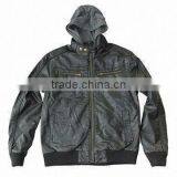 Gray Washed PU Jacket With Charcoal Jersey Hood and Anti-brass Snaps to Collar Stripe thumbnail-1