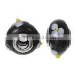 Lampwork Glass European Style Large Hole Beads Round Black Mauve Flower With 304 Stainless Steel Silver Tone Core thumbnail-3