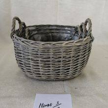 Grey Painted Oval Shape Willow Basket With Ears And Plastic Liners for Garden&Decoration