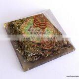 Big Orgone Energy Blue Aventurine Pyramid With Flower Of Life Symbol And Crystal Point | Flower Of Life Pyramid thumbnail-6