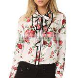 2017 Latest Long Sleeve Spring Fashion Ladies Floral Tie Neck Blouse thumbnail-2