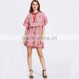 RED Flower Embroiedered and Ruffled Shoulder Women Cute Short Dress thumbnail-6